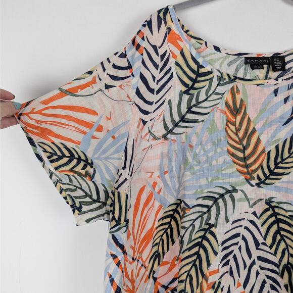 Tahari Multicolor Palm Print Tropical Short Sleeve Linen‎ Blouse Plus Size 3X - Picture 3 of 7